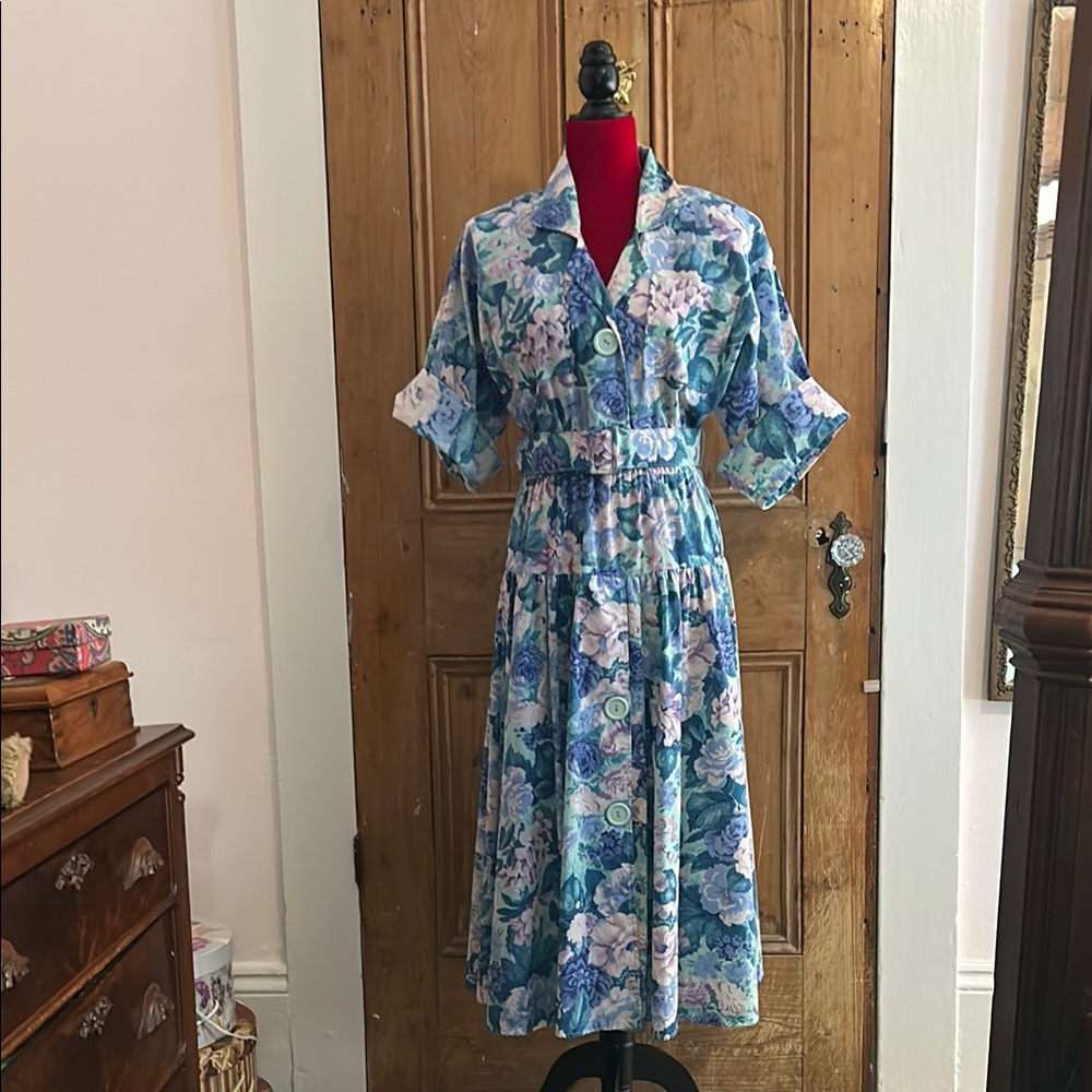Vintage 80s Drop Waist Blue Floral Shirt Dress